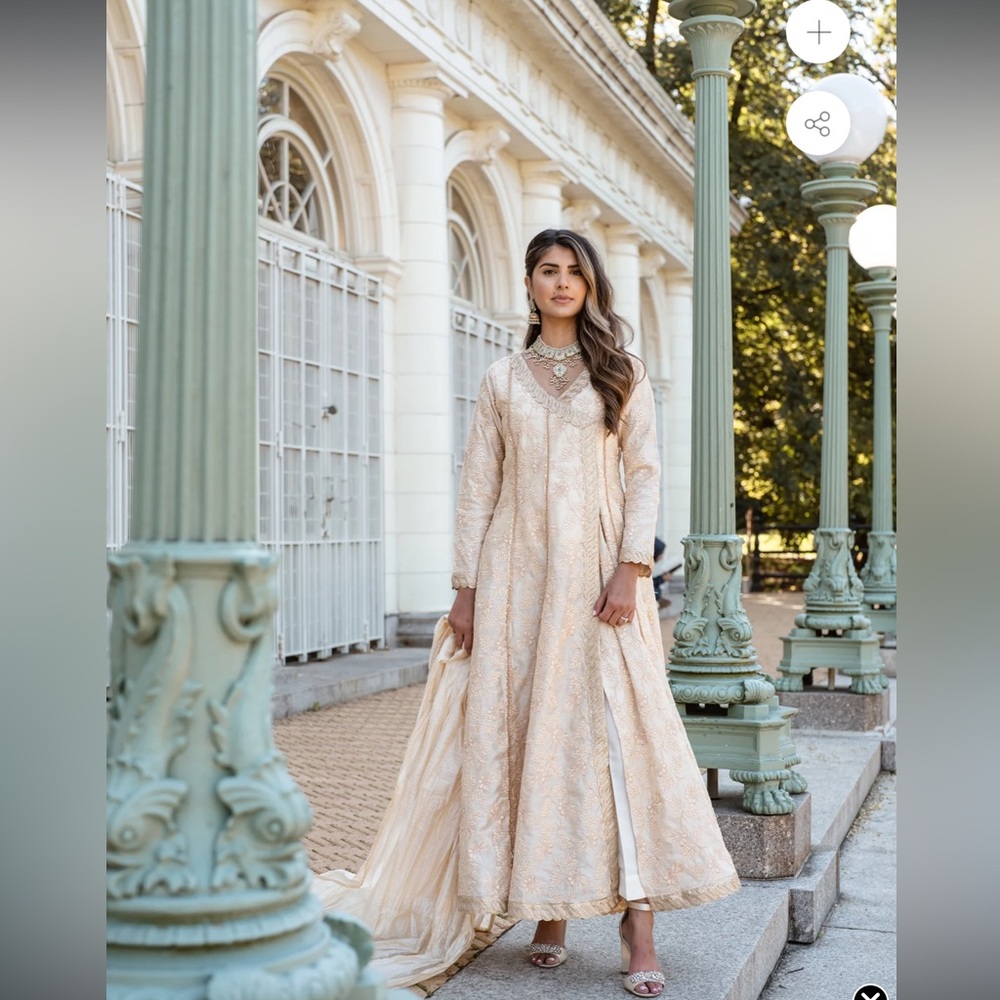 Ayla Noor ISABELLA Anarkali; off white and gold Indian wedding modest outfit